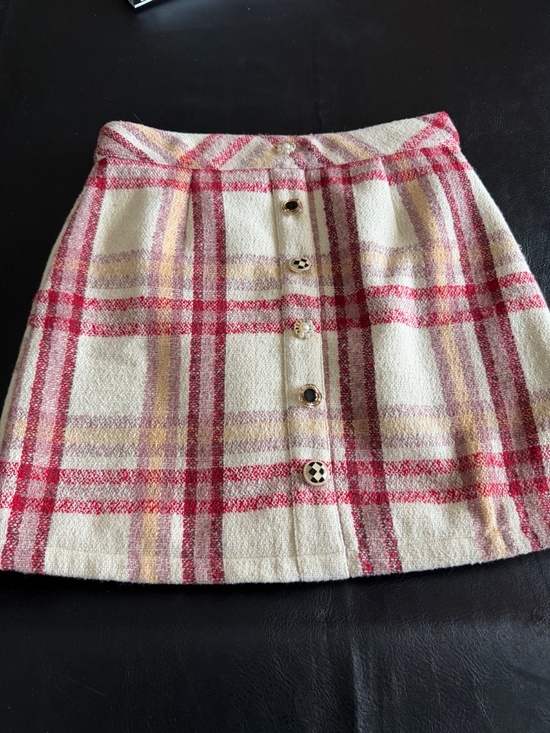 Sister Jane Dresses & Skirts - Anthropologie Sister Jane Cream Plaid Mini Skirt with Red Stripes Fun Buttons